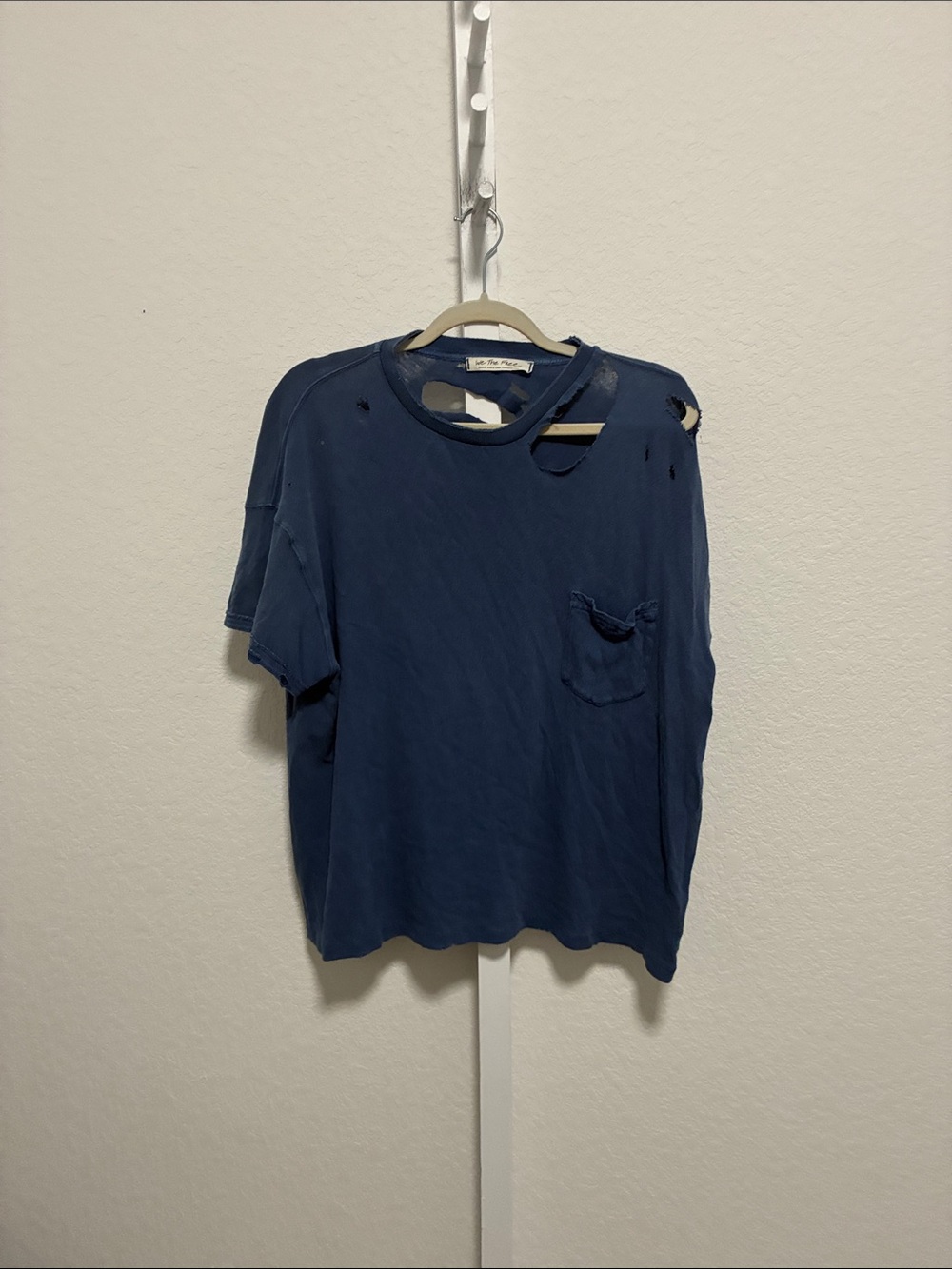 We the Free Lucky Distressed Oversized Pocket Crew Neck T-Shirt in Blue